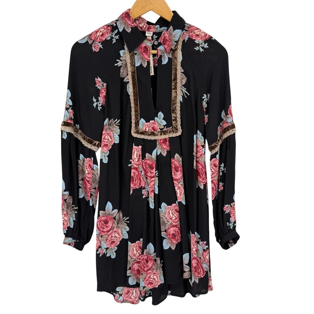 Anthropologie Uncle Frank Size XS Mini Dress Black Floral Boho Peasant Romantic